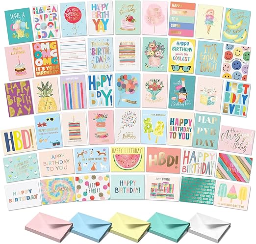 S&O Happy Birthday Cards with Envelopes and Assortment Box – Variety Set of 50 Assorted Birthday Notes. Perfect Bulk Pack for Celebrations, Office, Friends, Family, and Special Occasions