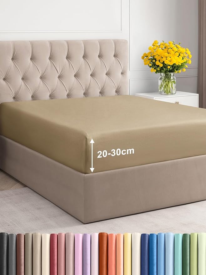 King Fitted Bed Sheet – Deep Pocket – Fits Mattress up to 30cm (12") – Soft Brushed Microfiber – OEKO-TEX Certified – Fade & Shrink Resistant – Bottom Sheet – Easy Care – Beige Colour, 150x200cm