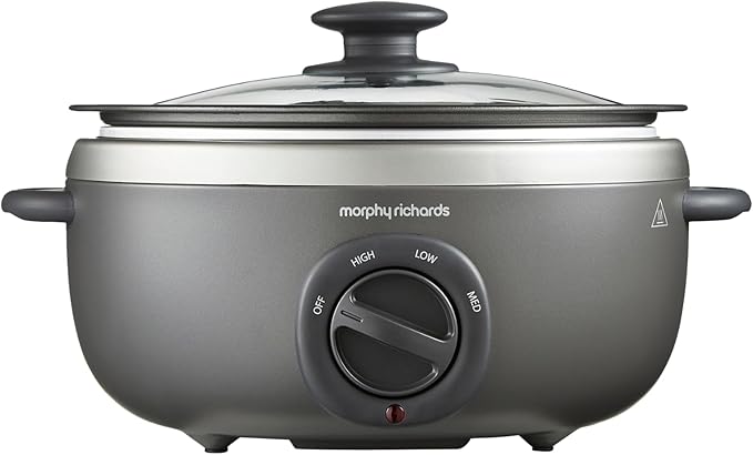 Morphy Richards 3.5L Sear & Stew Oval Slow Cooker, Dishwasher-Proof Non Stick Aluminium Pot, Cool Touch Handles, Glass Lid, Matte Finish, 163W, Titanium, 460022