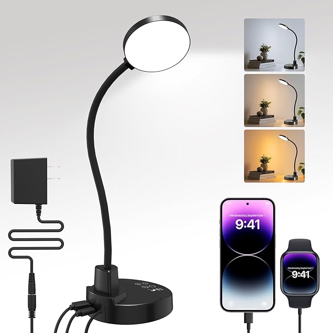 60 LED Desk Lamp with USB Charging Ports – Dimmable Table Lamp with 3 Color Temps, 5 Brightness, 4 Timers, 15W Flexible Gooseneck Light with Base, Eye-Caring Reading Light for Home Office, Bedroom