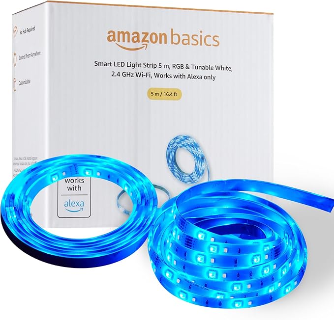 Amazon Basics Smart LED Light Strip 5m, RGB & Tunable White, Works with Alexa Only, Multicolor[Energy Class E]