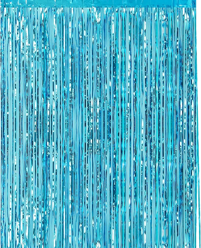 CHRORINE 1pcs 6.5ft Light Blue Metallic Tinsel Foil Fringe Curtain Door Curtains Hanging Streamers for Frozen Mermaid Birthday Baby Shower Mama Mia Bachelorette Blue Party Decorations