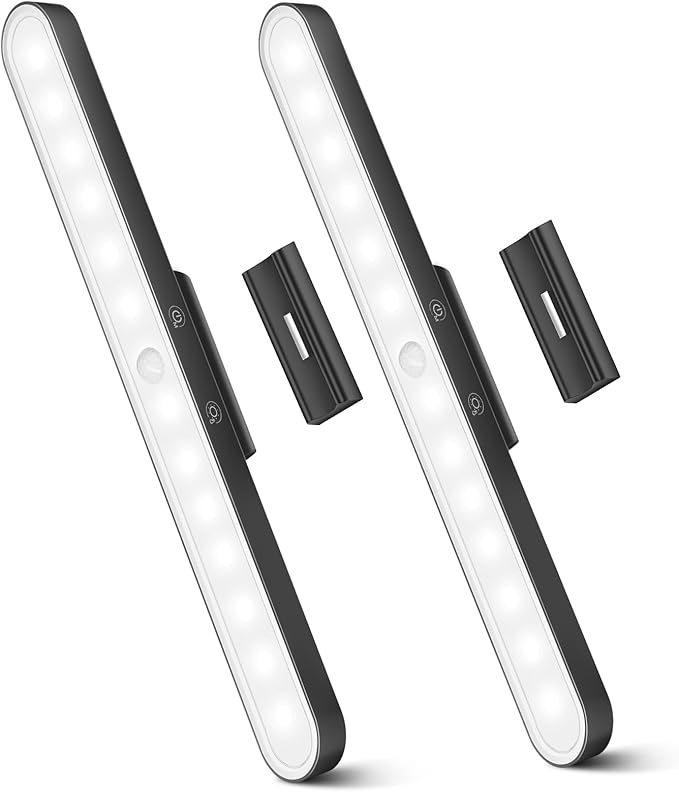 Under Cabinet Kitchen Lights, 6000K Dimmable Wireless Motion Sensor Wall Lights, USB-C 2500mAh Rechargeable Battery Operated LED Lights Indoor for Kitchen, Cupboard, Wardrobe, Stair and Mirror, 2 Pack