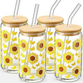 Glass Cups with Lids and Straws with Design Sunflower 4 pcs,Clear Glass Cups 16 oz-Drinking Glasses Set,Glass Tumbler,Cute Design Glass Iced Coffee Cups with Lids and Straws