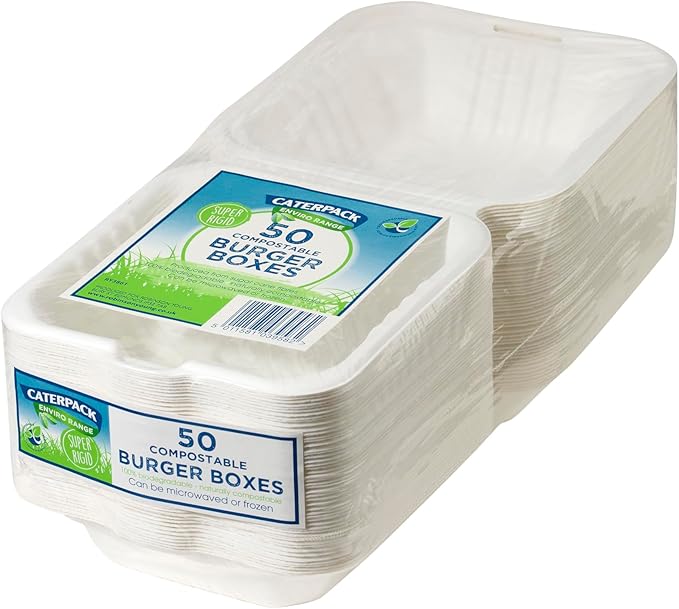 Caterpack Enviro Range Burger Boxes 6 x 6 50 Pack. Disposable, biodegradable burger boxes. Suitable for microwaving and freezing, water repellent and greaseproof