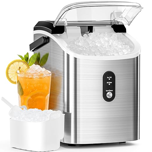 Nugget Ice Maker Machine with Self-Cleaning, 16KG/24H, Portable Countertop Ice Cube Maker with Handle, Basket & Scoop – Ideal for Home, Kitchen, Office， Camping，Stainless Steel，Silver