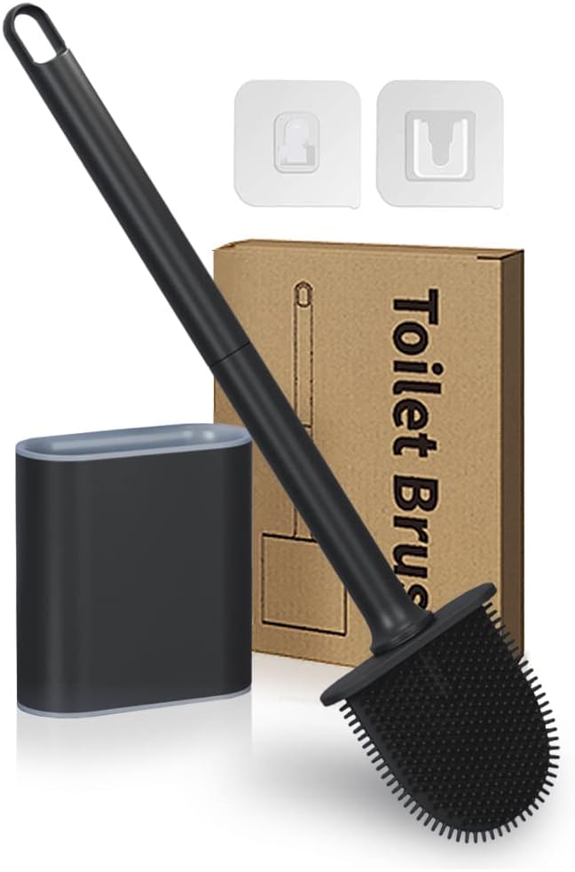 Silicone Toilet Brush with Holder Set - Flexible Bristles Toilet Brush Bendable Quick Drying Flooring Wall Mounted Long Handle Hygienic Deep Cleaner Anti-drip for Toilet Bathroom, Black