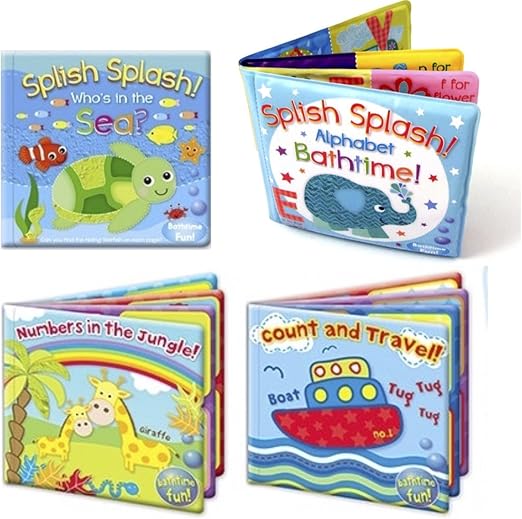 Set of 4 Baby Bath Books | First Words ABC Letters & Numbers | Plastic Coated & Padded | Floating Fun Educational Learning Toys for Toddlers & Kids