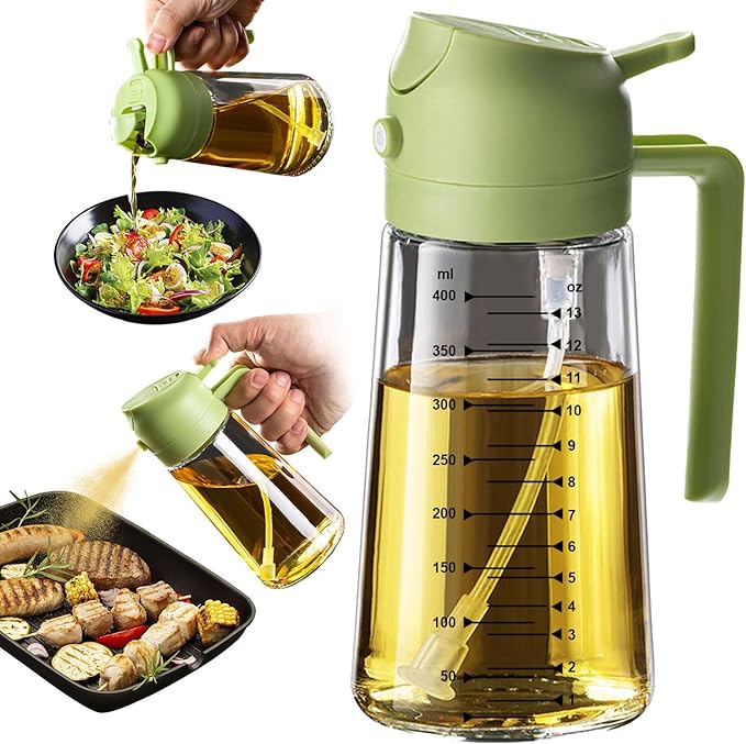 TrendPlain 16oz Olive Oil Spray Bottle - 2 in 1 Olive Oil Dispenser Bottle for Kitchen Accessories - Kitchen Gadgets, For Air Fryer Green