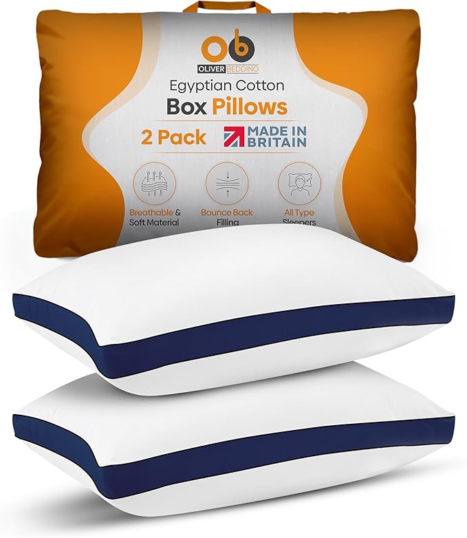 Premium Egyptian Cotton Box Pillows Hotel Quality Pillows for Back Stomach and Side Sleepers Down Alternative Filling Bed Pillow Hypoallergenic Breathable Washable Cover (Pack of 2) (Navy)