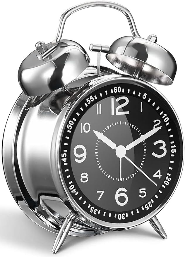 Loud Alarm Clock for Heavy Sleepers Adults, Metal 4 Inches Twin Bell Battery Operated Alarm Clocks for Bedrooms Decoration, Silent Non-Ticking (Silver)