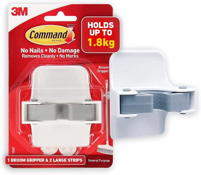 Command Broom Gripper, 1 Broom Holder and 2 Adhesive Strips, Suitable for Storing Brooms and mops up to 1.8 kg