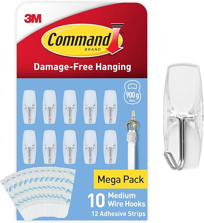 Command Wire Toggle Hooks - Medium - Transparent- Indoor Use - Multi Pack of 10 Hooks and 12 Adhesive Strips - Suitable for Hanging Items up to 900 g - Damage Free Hanging