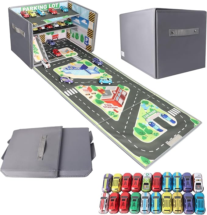 Toy Car Storage, Car Play Mat with 20 Cars, Kids Storage Boxes with Handles, 3-In-1 Foldable Toy Car Mat, Toy Storage Box for Boys Girls, Storaging for 200+ Cars