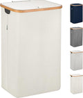 LONBET 100L Laundry Basket with Lid and Sturdy Bamboo Frame - Aesthetic Laundry Hamper with Side Handles and Made from Breathable Fabric - Laundry Bin with Removable Bag, Clothes Basket Beige
