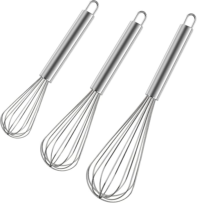 Polly Online Stainless Steel Whisk Set, 3 Packs Balloon Whisk for Cooking, Whisking, Blending (8",10",12")