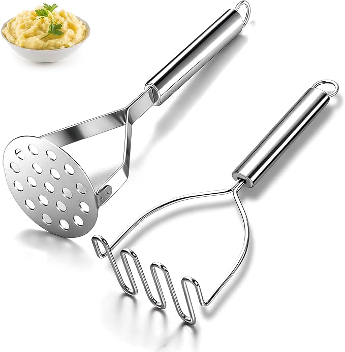 Potato Masher 2 Pcs, Kyraton Stainless Steel Heavy Duty Mash Potatoes Masher Kitchen Tool Utensils for Avocado Potatoes Beans Meat Vegetables, Kitchen Gadgets