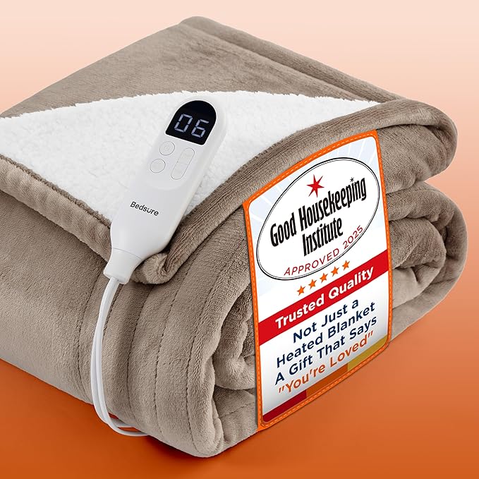 Bedsure Electric Blanket Heated Throw - 6 Heat Levels & 10 Timer Settings, Ultra-Soft Flannel & Sherpa Fast Heating Throw, 130x160cm, Overheat Protection, Taupe