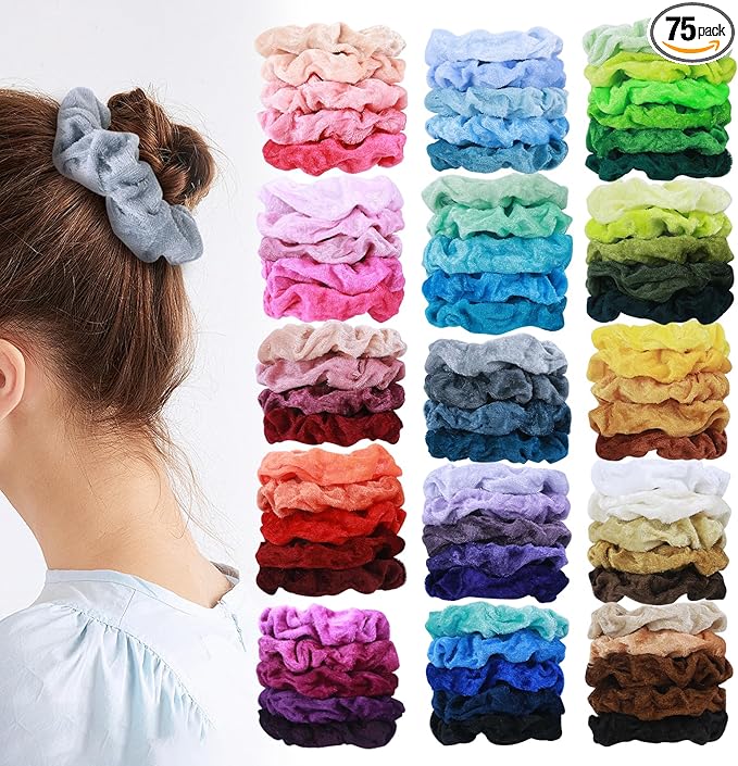 75 Pcs Velvet Scrunchies for Women - Soft Hair Scrunchies for Girls - No Damage Hair Ties for Thick, Thin Hair - Cute Ponytail Holders Bulk Gift for Women
