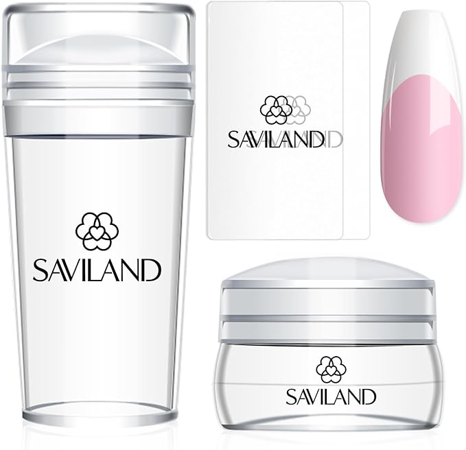 Saviland French Tip Nail Stamp - 4PCS Nail Art Stamper Kit Clear Silicone Nail Stamping Long & Short Jelly Stamper for Nails with Scrapers Nail Stamper Kit for French Manicure Home DIY Nail Salon