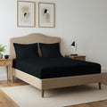 Pizuna 400 Thread Count Double Fitted Sheet 140x200 cm with 2 Pillowcases, Black, 100% Long Staple Cotton, Soft Sateen Weave, 40 cm Deep Fitted Sheets Double Bed