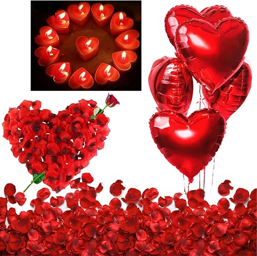 Romantic Decorations, Candles and Petals Set, 50 Love Heart Shaped Floating Tea lights Candles + 1000 Silk Red Rose Petals + 5 Red Heart Shaped Foil Balloons for Wedding, Valentines Day and Engagement
