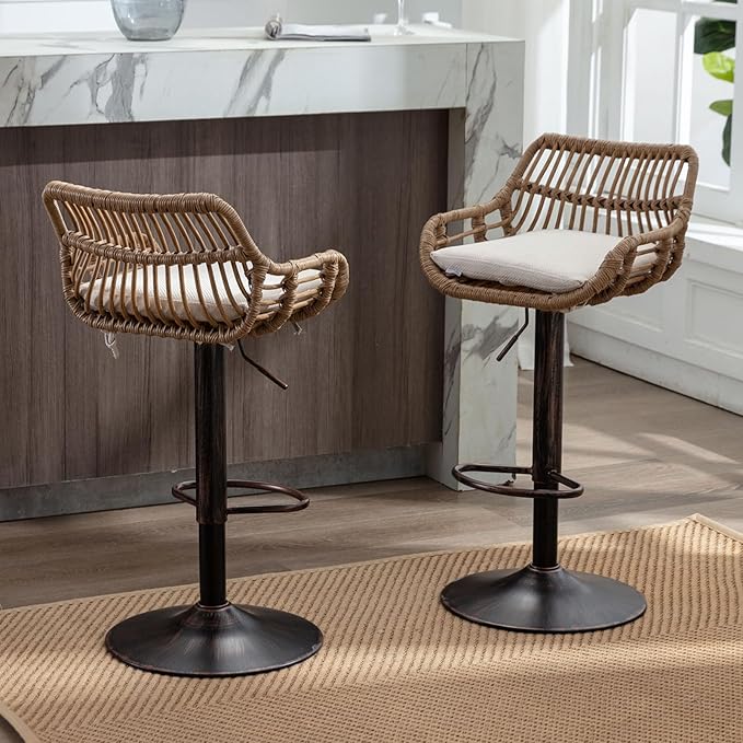 QQU Bar Stools Set of 2, Swivel Counter Height Barstools, Adjustable Wicker Bar Stool with Cushion & Floor Protectors, Modern Kitchen Breakfast BarStools for Kitchen Island, Dining Room (Beige)