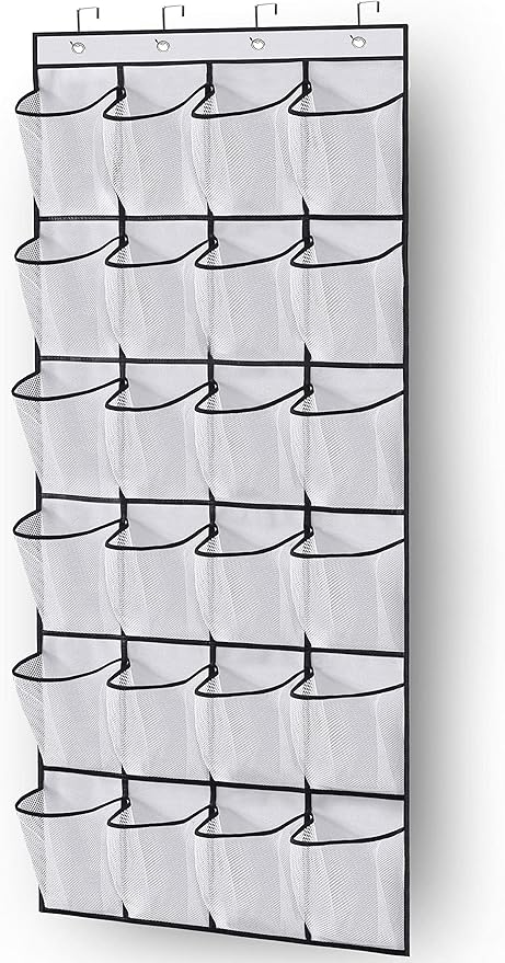 MISSLO Over the Door Shoe Storage Organiser Hanging Shoe Rack Holder 24 Large Mesh Pockets for Wardrobe Door Tidy with Hanger(White)