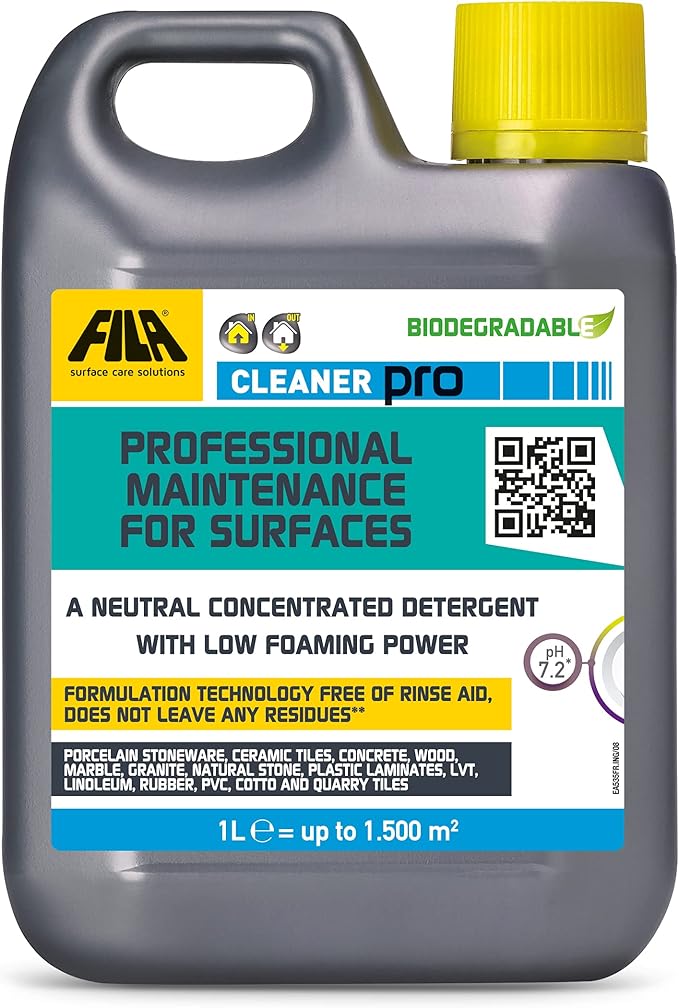 FILA Surface Care Solutions, CLEANER PRO, Concentrated Neutral Detergent - Up to 40 Washes - Hard Floor Cleaner Liquid for Floor Tiles in Marble, Porcelain, Stone etc, Laminate Floor Cleaner, 1L