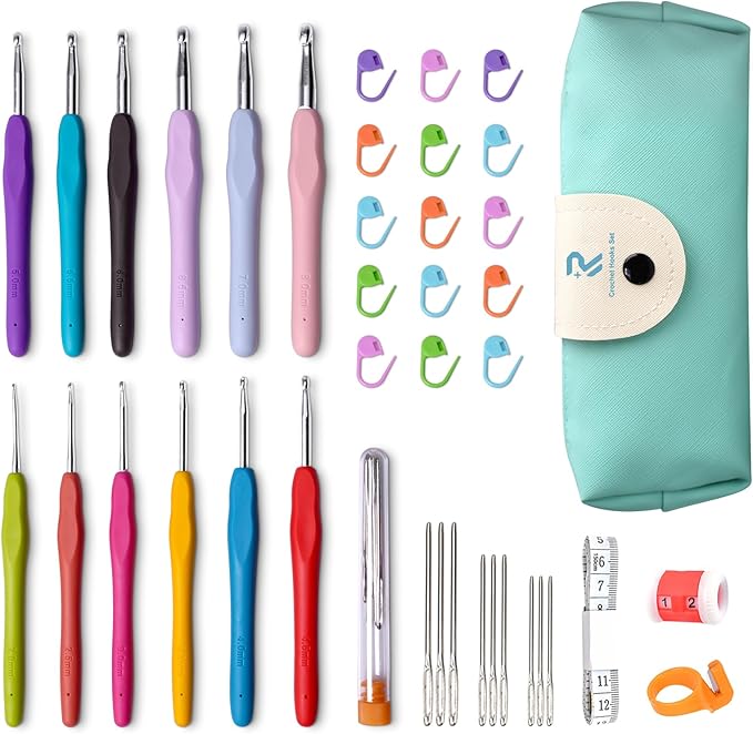 RealPlus Crochet Hooks Set, 12 Pcs Full Size Crochet Hook, Ergonomic Soft Grip Rubber Handles, Crochet Kits for Beginners Adults, Sister Gift, Crochet Hooks with Case (Green)