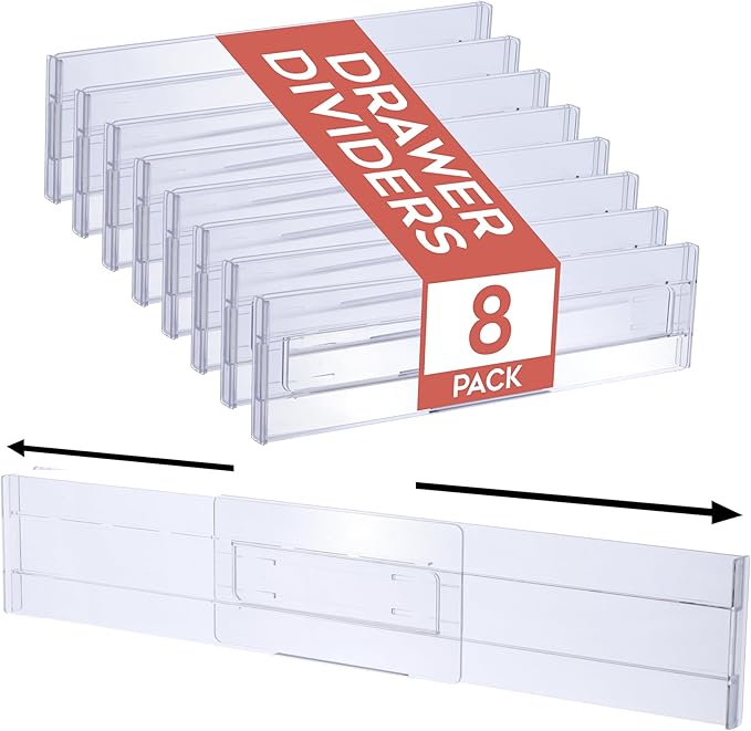 Homiu 8 Pack Drawer Dividers Plastic - 3.2" High,12.1-21.4" Adjustable Drawer Organisers for Clothes - Expandable Dresser Separators in Bathroom, Bedroom, Kitchen, Office Storage Desk Organiser