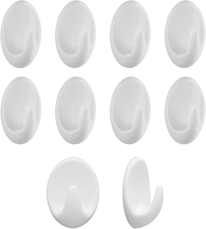 10 Pcs Self Adhesive Plastic Wall Hooks, Seamless Wall Hooks, Multi Function Self Adhesive Hooks, Oval Adhesive Hooks, Small Extra Sticky White Stick on Hooks for Hanging No Drilling Kitchen Bathroom