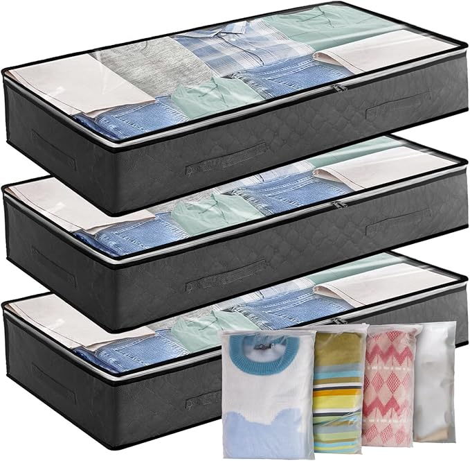 Underbed Storage Bag 3Pack 90L Large Under Bed Storage Box with 4 x Large Zip lock Bags with PVC Window for Clothes, Duvets, Comforters, Blankets, Bedding