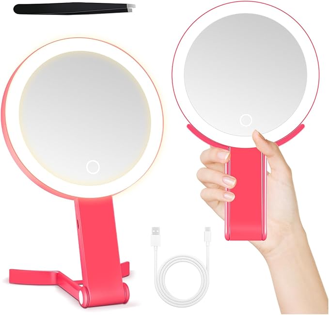MIYADIVA Makeup Mirror with Lighting, 2-Sided Magnifying Mirror with Light 30X, 3-in-1 Handheld Tabletop Hanging, 3 Lighting and Adjustable Brightness for Travel Bedroom Gifts for women Rose Red