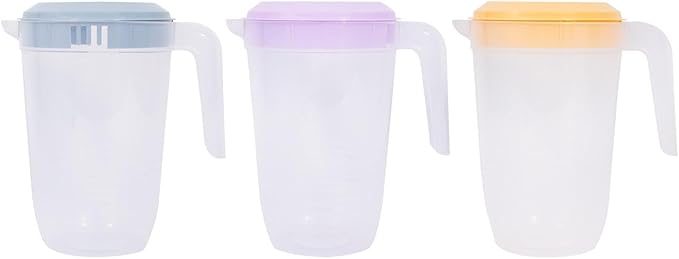 Pack of 3 Drinking Jugs Colourful Pastel Pitchers Summer Garden Party BBQ Re-usable Plastic Grey Yellow Purple