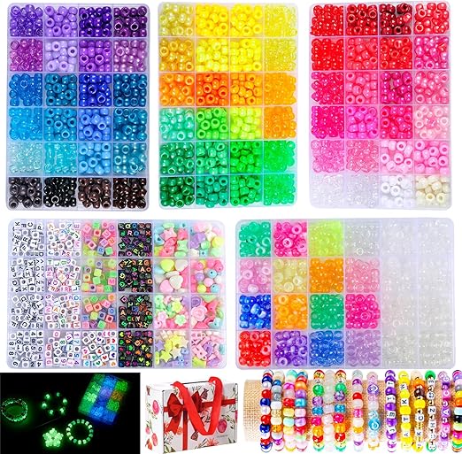 SJZWSD 5 Boxes Bracelet Making Kit Pony Beads, Kandi Beads & Hair Beads Set with UV Color Changing, Glow-in-Dark, Chrome & Alphabet Letters for Friendship Jewelry DIY Crafts