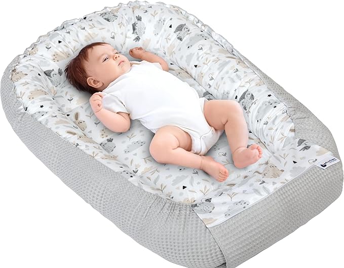 Medi Partners Baby Nest Pod for Newborn Babynest Sleep Bed - 100x60x15 Lounger Essentials 0-12 Months sleeping bilateral Cocoon 100% Cotton Waffle (Glade with grey Waffle)