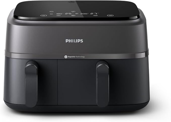 Philips Airfryer 3000 Series Dual Basket - 2 Drawer Air Fryer, 3L + 6L Capacity, RapidAir Plus Technology, 13 Ways to Cook, 90% Less Fat, Easy to Clean, Digital Touchscreen, Energy Saving (NA350/00)