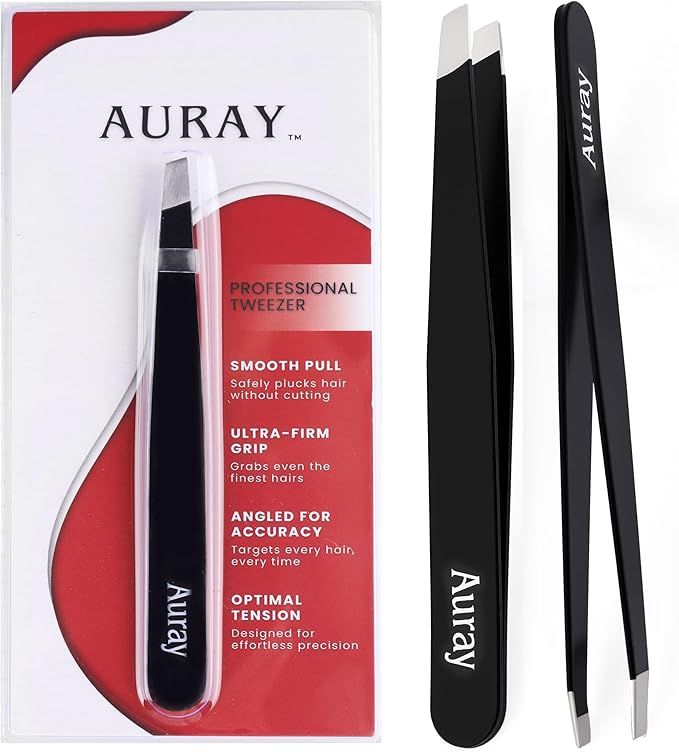 Eyebrow Tweezers Women Facial Hair, Stainless Steel Facial Hair Removal Precision Tweezer for Men & Women in Black, Slanted Tip Eyebrow Plucker for Easy Plucking, Professional Tweezers by AURAY