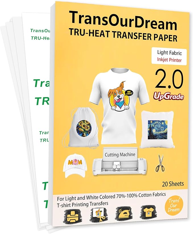 TransOurDream Tru-Transfer Paper T-Shirt Printing 20 Sheets A4 Inkjet Heat Transfers for Light Fabric Printable Vinyl Upgraded 2.0 Iron on Printer Paper for White T-Shirts/Textiles/Clothes
