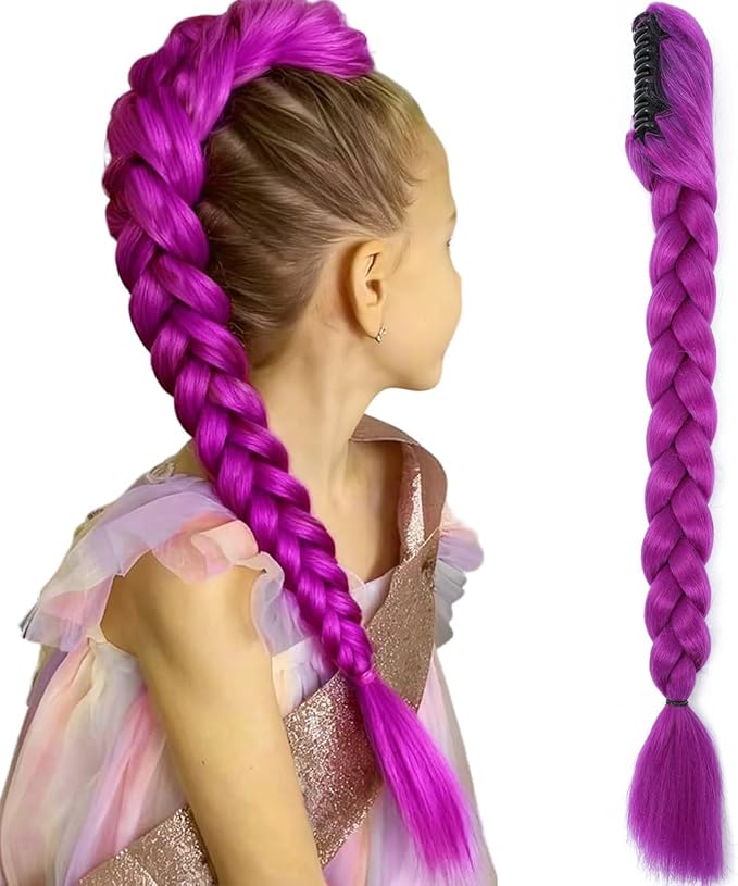 Long Purple Braid Cosplay Hair Extensions Synthetic Fiber Box Braiding Hair 26 INCH Easy Claw Clip ponytail extension for Cosplay Halloween Costume (Purple, 26 Inch)