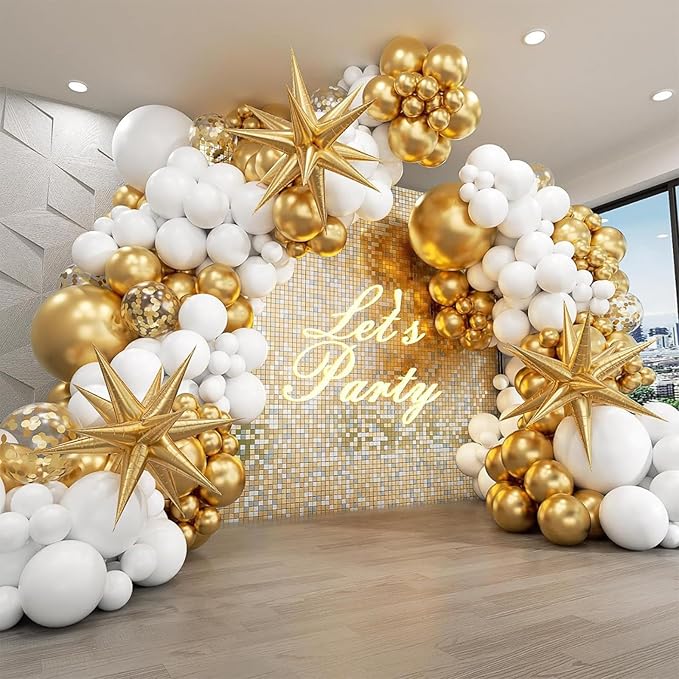 231Pcs White and Gold Balloon Arch Kit with Foil Star Balloons, Birthday, New Years Eve Party Decorations, Confetti Latex Balloons for Graduation - White and Gold Balloon Arch Kit (White Gold)