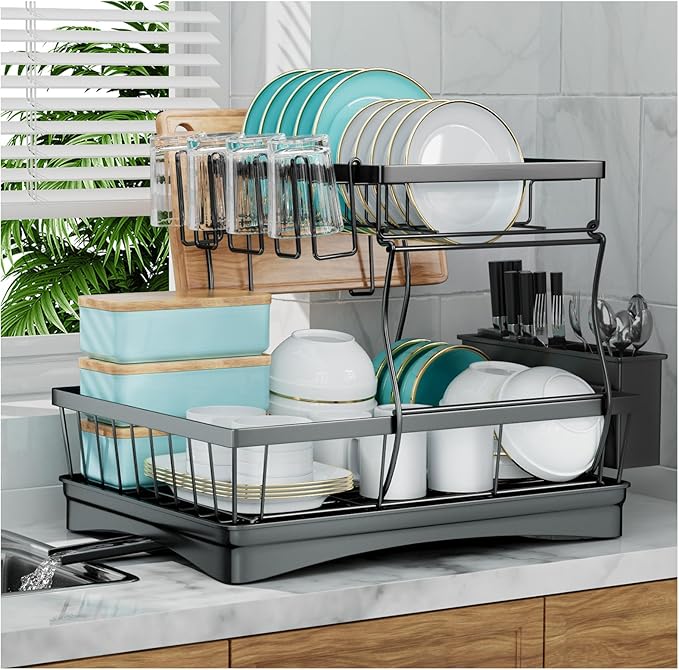7 code Large Dish Drying Rack for Kitchen Counter,Detachable Large Capacity Dish Drainer Organizer with Utensil Holder,2-Tier Dish Drying Rack with Drain Board,Black