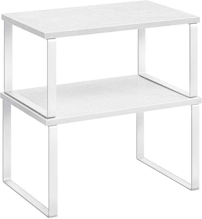 SONGMICS Spice Rack, Set of 2 Cupboard Shelf Organisers, Expandable Kitchen Shelf Organiser, Stackable Spice Holder, Metal and Engineered Wood, Cloud White and Snow White KCS02W01