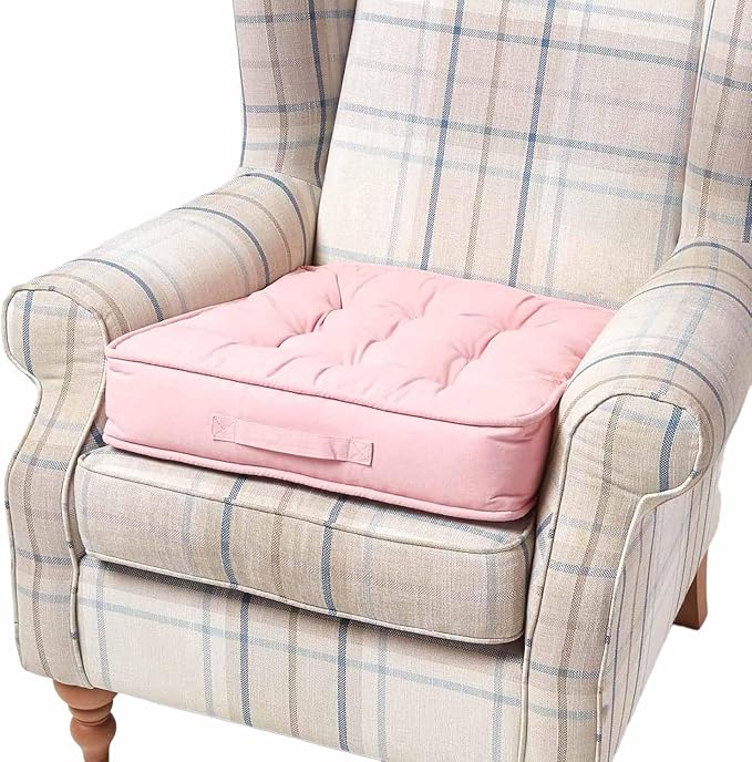 HOMESCAPES Pink Armchair Booster Cushion Large Firm 50 cm Square Seat Pad with Supportive 10 cm Thick Lift Soft Touch Cotton Light Pink Cushion For The Elderly, Post-Operative and Pregnancy