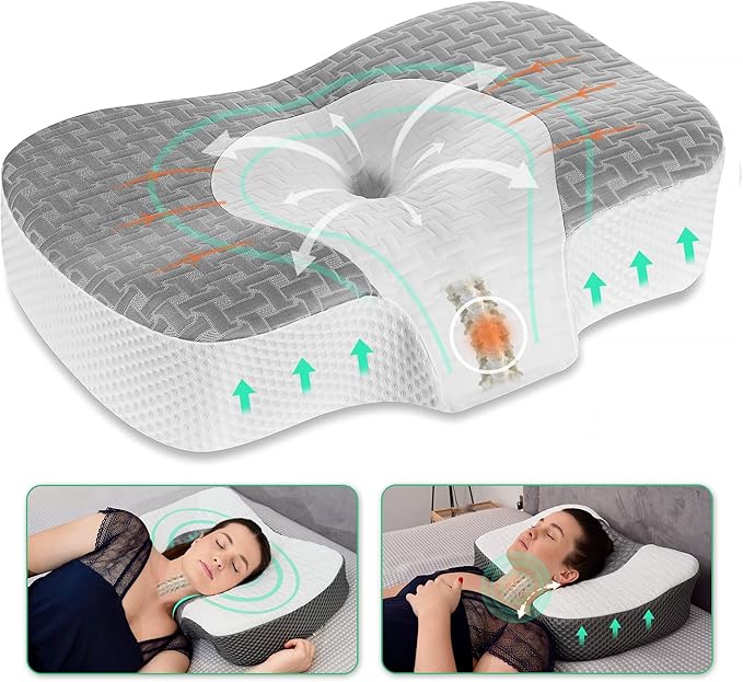 Elviros Cervical Memory Foam Neck Pillow for Side Sleeping, Orthopedic Pillows for Back and Stomach Sleepers, Adjustable Ergonomic Bed Pillow Pain Relief (Grey)