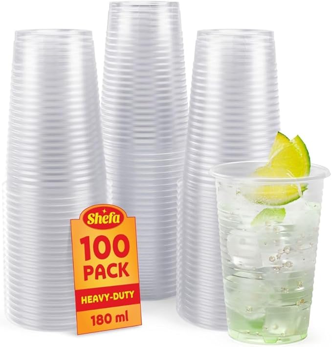 Shefa Clear Plastic Cups - 100-1000- 3000 ForParty for Beer, Water, & Juice, for Dessert & Cold Drinks - Slush & Milkshake and Cocktail Cups - 180ml, 100 Plastic Glasses