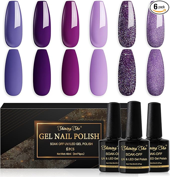 Shining She Nail Polishes Set, 6 Colours Purple Wisteria Rose Purple Polish Set Soak-Off UV/LED Blue Series Nail Polish Gel for Nail Art Salon DIY Home, 8ML