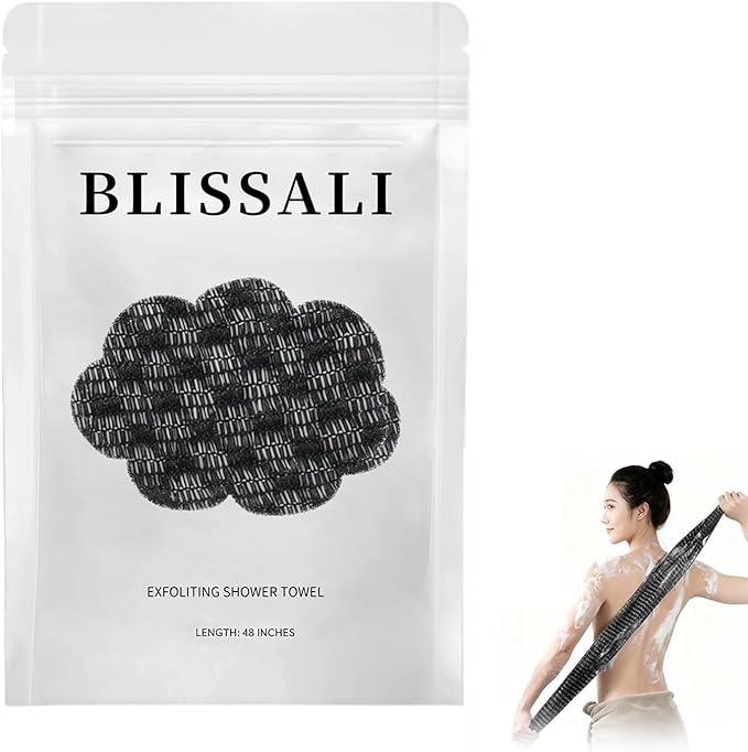 Blissal Exfoliating Shower Towel 47", Premium Scrub Wash Cloth for Body Face, 2-in-1 Exfoliating Towel-Body Scrubber with 2 Sides for All Skin Types (Black)