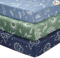 Baby Mini Crib Sheets Boy, Portable 38”x26” Pack and Play Sheets Fitted for Playard and Pack N Play Mattress, 3-Pack Soft Microfiber Blue Green Starry Sky
